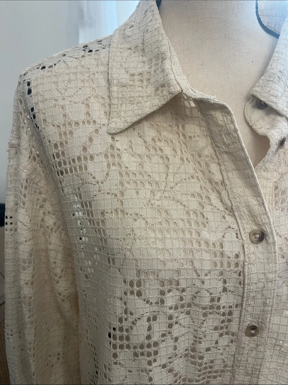Free People Cream Crochet Button-Down Shirt